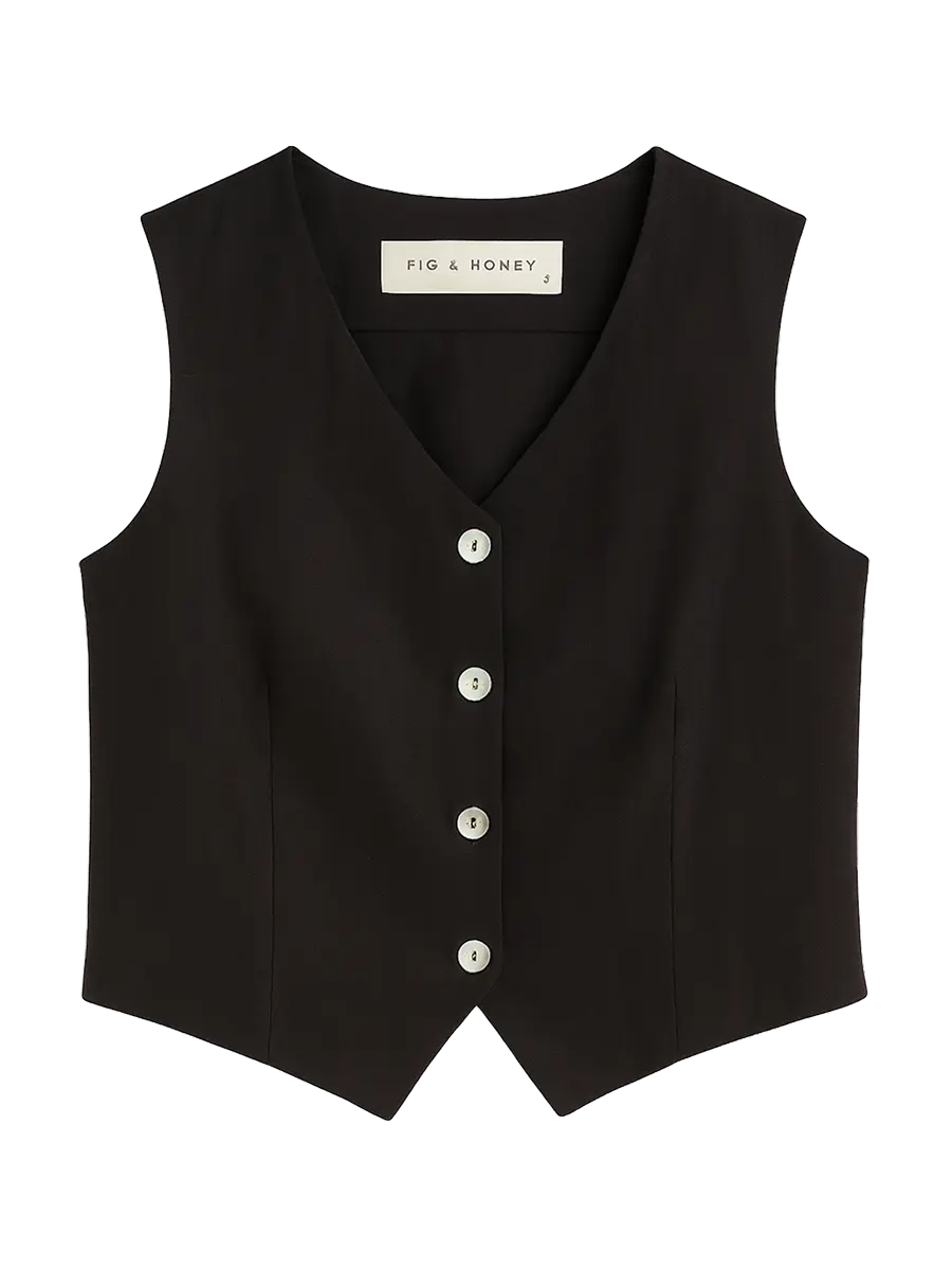 Fig & Honey schwarze Leinenweste Frontansicht