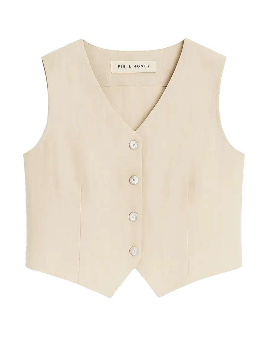 Fig & Honey Beige Leinenweste Frontansicht