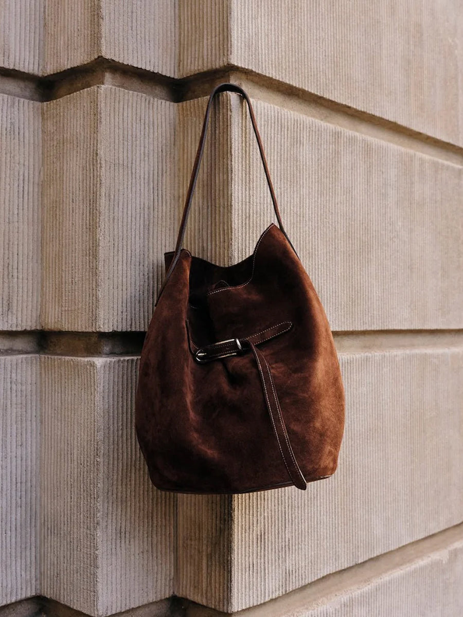Belted Bucket Bag Large Dark Brown Suede