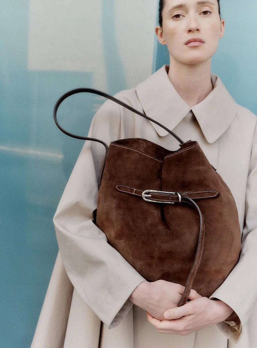 Belted Bucket Bag Large Dark Brown Suede